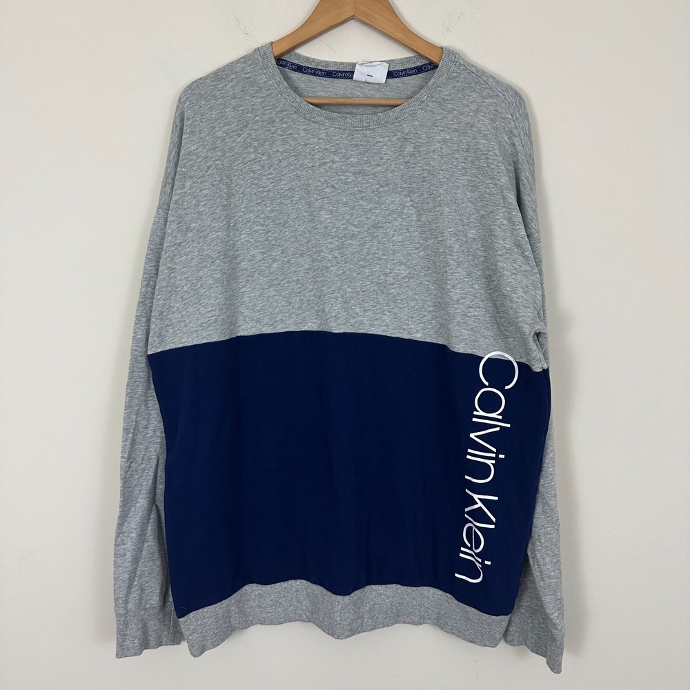 Calvin Klein Sweatshirt Heather Gray Blue Spell Out Knit Cotton Pullover Mens XL